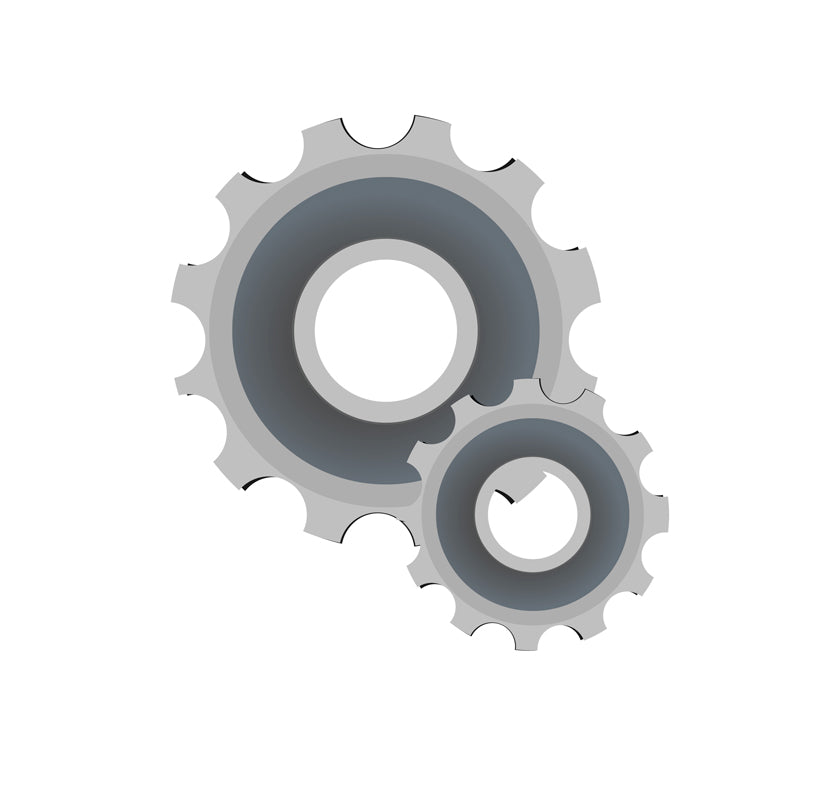 Zwei Zahnräder auf weißem Hintergrund.